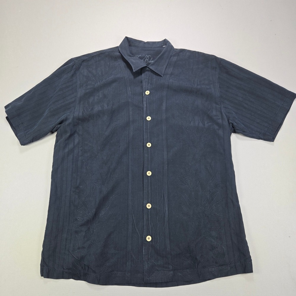 Tommy Bahama Silk Blend Button Shirt Palm Leaf Embroidered Camp Charcoal Mens XL